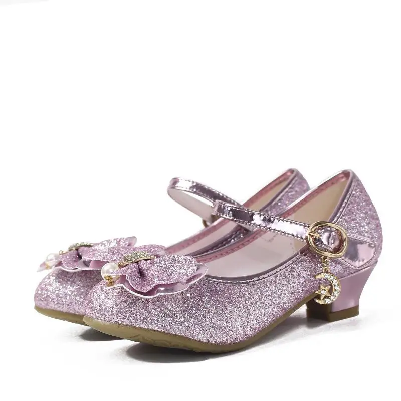 Детские сандалии для принцесс для девичьи на высоком каблуке с блестками, детская кожаная обувь с украшением в виде кристаллов сандалии с жемчугом; галстук-бабочка; вечерние свадебные туфли - Цвет: Pink