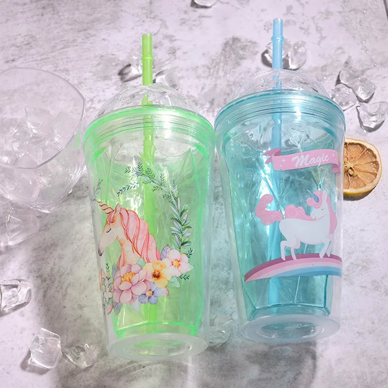 

Rainbow Unicorn Mugs Plastic Double Layer Water Bottle With Straw Pink Travel Portable Juice Coffee Milk Cup Drinkware 500-600ml