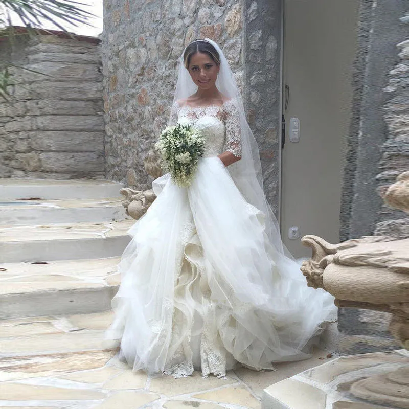 Vestido De Noiva Ivory Half Sleeve Romantic Wedding Dress 2017