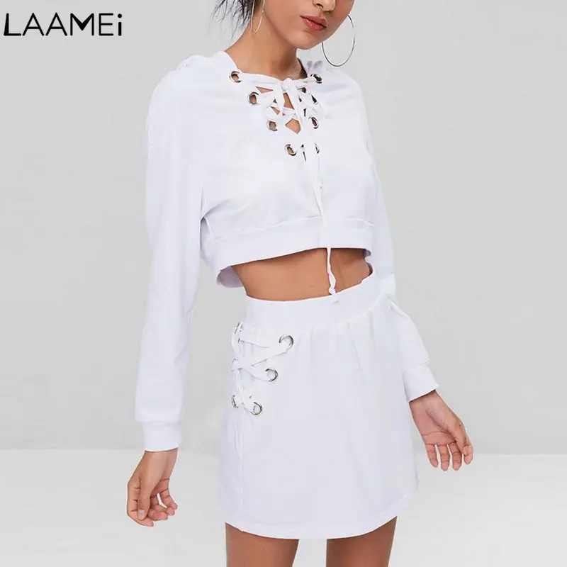 Laamei 2018 Новый женский спортивный костюм укороченный топ Женская кружевная юбка с