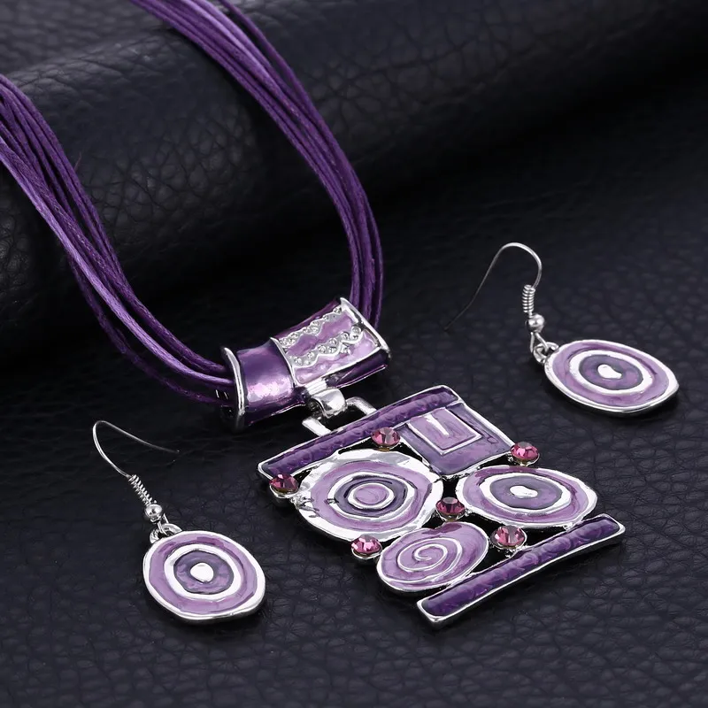 

Fashion Enamel Jewelry Sets Delicate Leather Rope Silver Pendant Geometry Choker Necklace Drop Earrings Set Boho Jewelry Set
