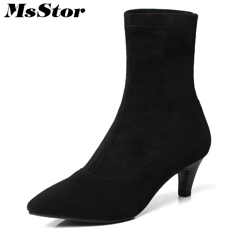 

MsStor Pointed Toe Med Heel Women Boots Fashion Black Brown Gray Ankle Boots Women Shoes Elegant Slip On Sexy Boots Shoes Woman