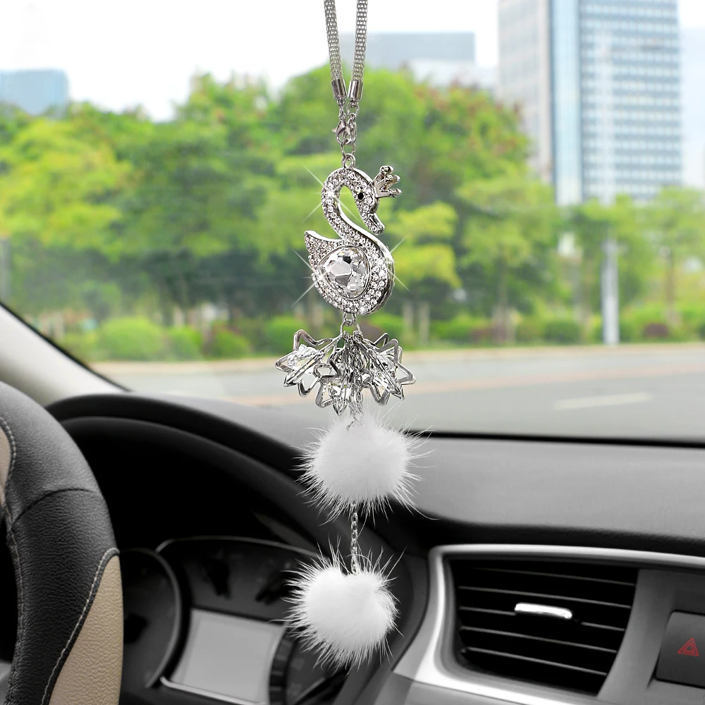 

Car Pendant Diamond Crystal Swan Decoration Suspension Ornament Charms Automotive Rearview Mirror Dangle Trim With Fur Ball Gift