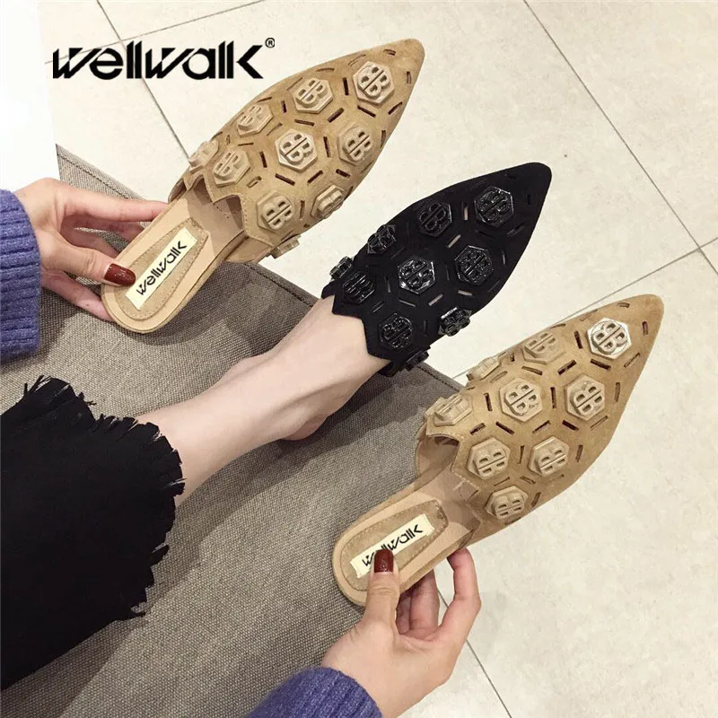 

Wellwalk Flat Mules Shoes Women Brand Slippers Ladies Slides Fashion Shoes Pointed Toe Mules Female Designer Slides Shoes