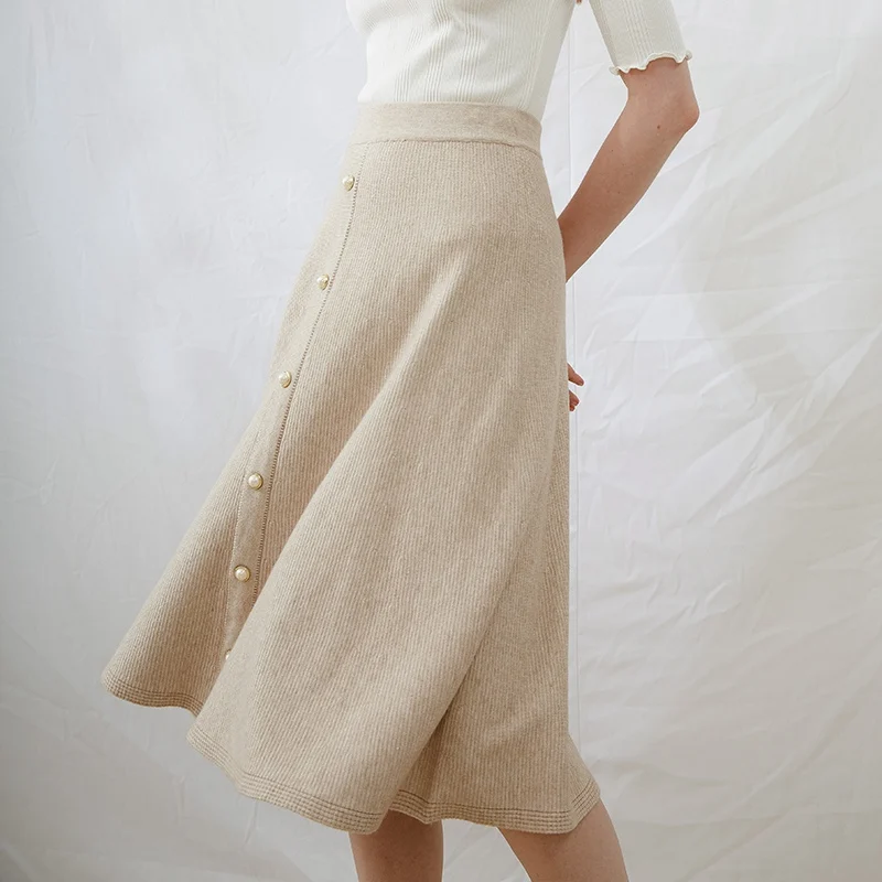 YoungGee Женская юбка-трапеция средней длины с высокой талией, элегантная осенне-зимняя вязаная Высококачественная Тюлевая юбка с бусинами черного и коричневого цвета - Цвет: Бежевый