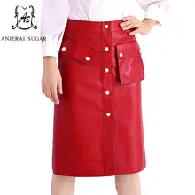 Осенние женские юбки из натуральной кожи, синие, черные, красные, сексуальные, карман, тонкая пуговица, посылка, хип-хоп, OL, настоящая овчина, Женская юбка-карандаш