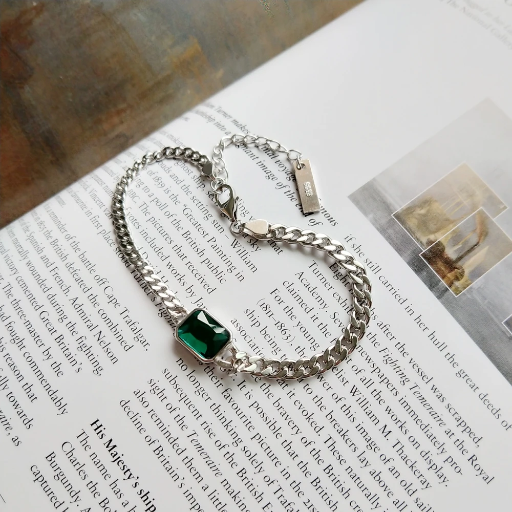925 пробы Серебряный широкий панцирный кабан цепь граненый прямоугольный изумрудно-зеленый кристалл браслет для женщин партии ювелирные изделия