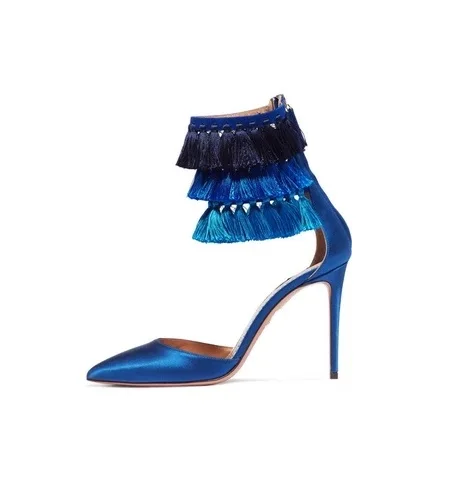 

Newest Style Blue Silk Woman Shoes Gladiator Summer Fashion Pointed Toe Fringe Decoration Women Sandalas Back Zipper High Heels