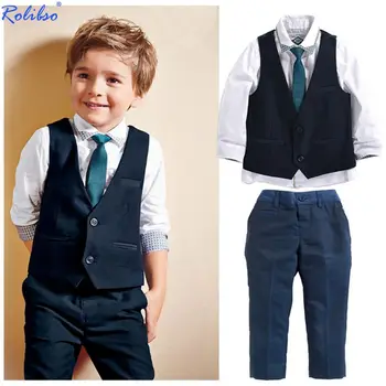 

Handsome children boys 4 pcs set white shirt+tie+vest+pants clothing set children clothes long sleeves autumn out fits