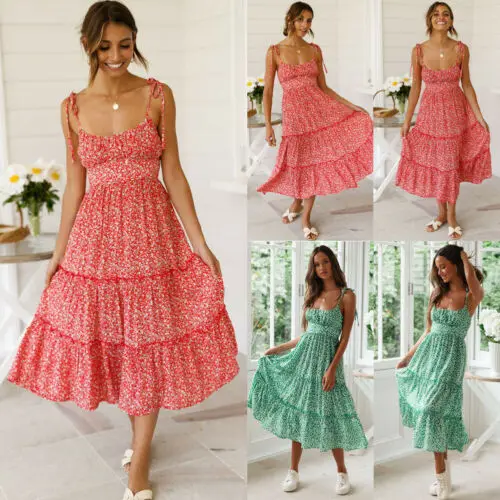 

2019 Women Summer Boho Maxi Casual Sweet Print Beach Dresses Sundress