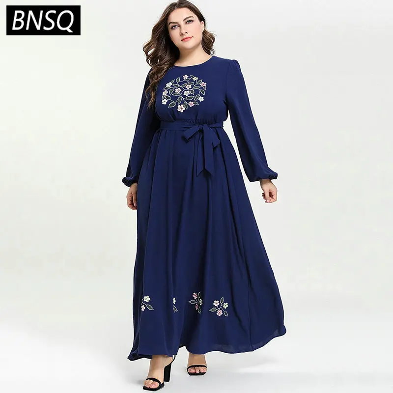 

BNSQ Ramadan Solid Floral Embroidery Long Dress Navy Blue Casual Muslim Maxi Dresses Spring Autumn 2019 New Office Lady Wear