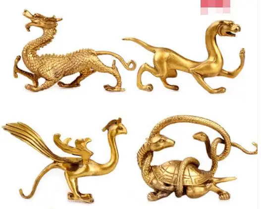 Fengshui латунные четырехъярусные боги и звери украшения Qinglong Baihu Suzaku базальтовый