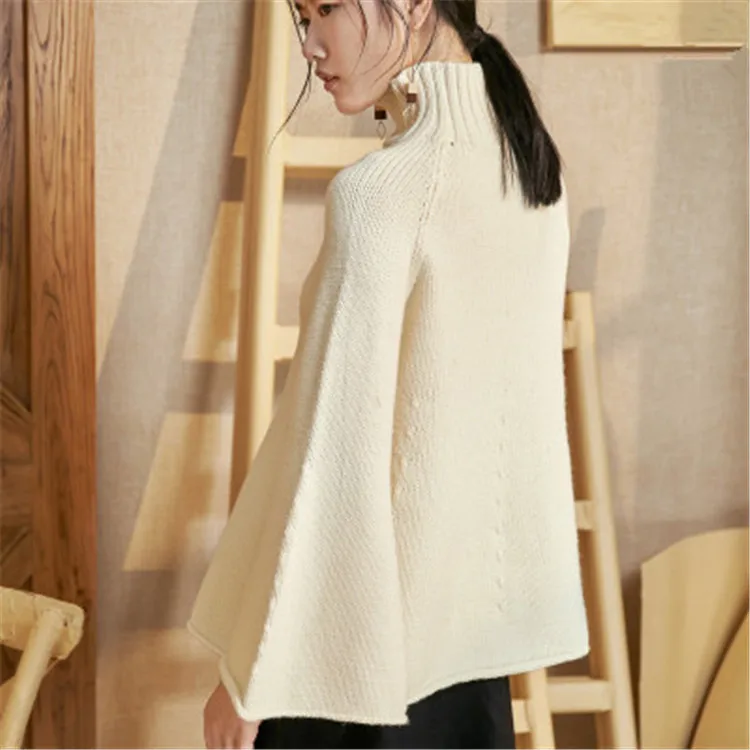  100%hand made pure wool turtleneck knit women streetwear solid slim flare sleeve pullover sweater o