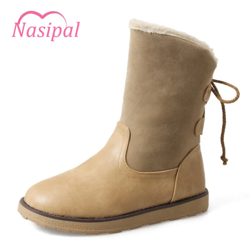 

Nasipal Women's Winter Footwears Flat Bottom Mid-calf Botas Mujer Round Toe Warm Snow Boots Long Plush Lacing Shoes Woman C200