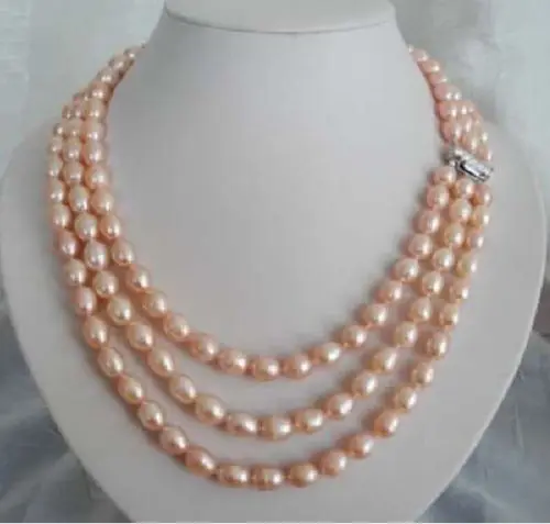 

free shupping 08151 3 row Charming natural 10-12mm AAA south sea pink pearl necklace jewelry AAA