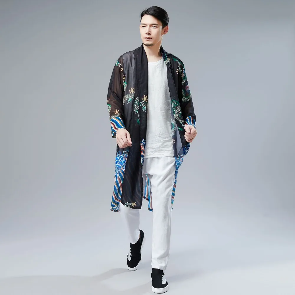 LZJN 2019 Japanese Kimono Cardigan Men Dragon Pattern Print Long Kimono Cardigan Men Thin Mens Kimono Cardigan Jacket Coat  (18)
