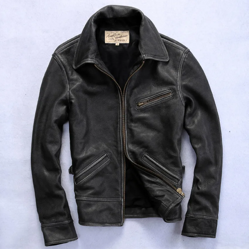 

Avirex Fly vintage real leather jacket men black cowskin flight jacket for zipper pockets slim fit men's leather coats casual