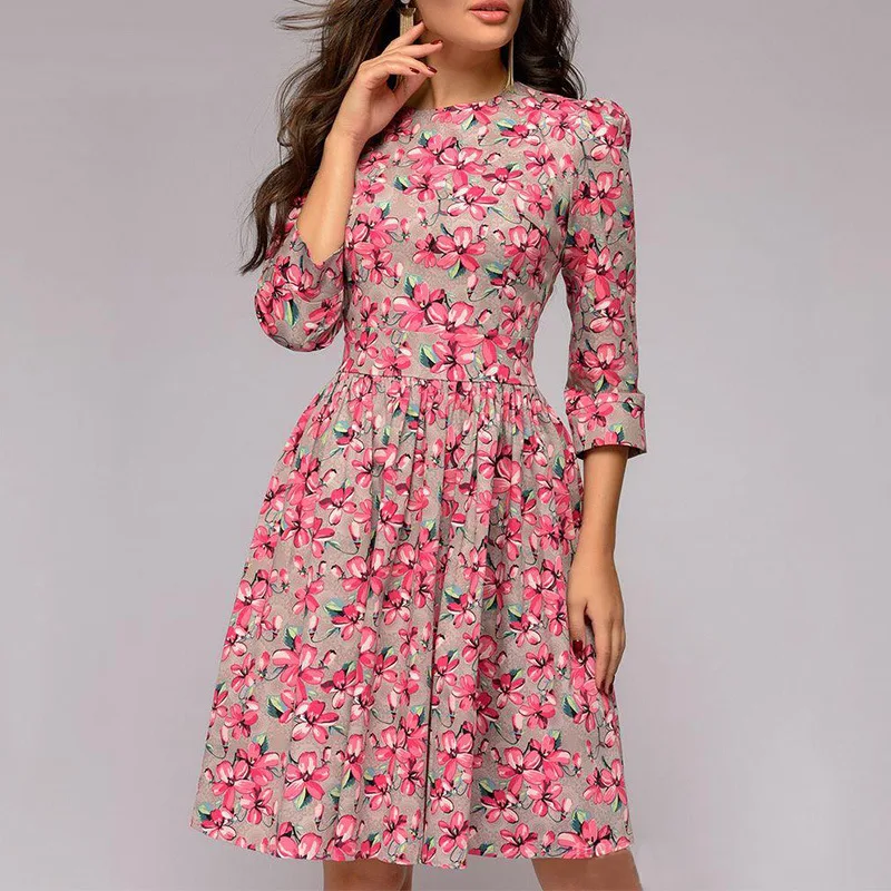 

Casual Printed Slim O-Neck A-Line Dress Women Mid-Waist Pleated Ladies Party Dresses Spring Elegant Vintage Mid-Calf Dress New