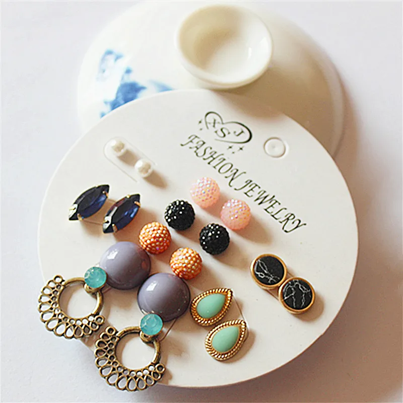 

New fashion women's jewelry wholesale girls birthday party pink ear studs Bohemian style 9 pairs /set earrings Free shipping