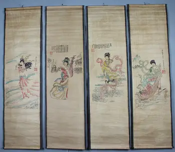 

Antique calligraphy and painting the living room hangs a picture four screen calligraphy