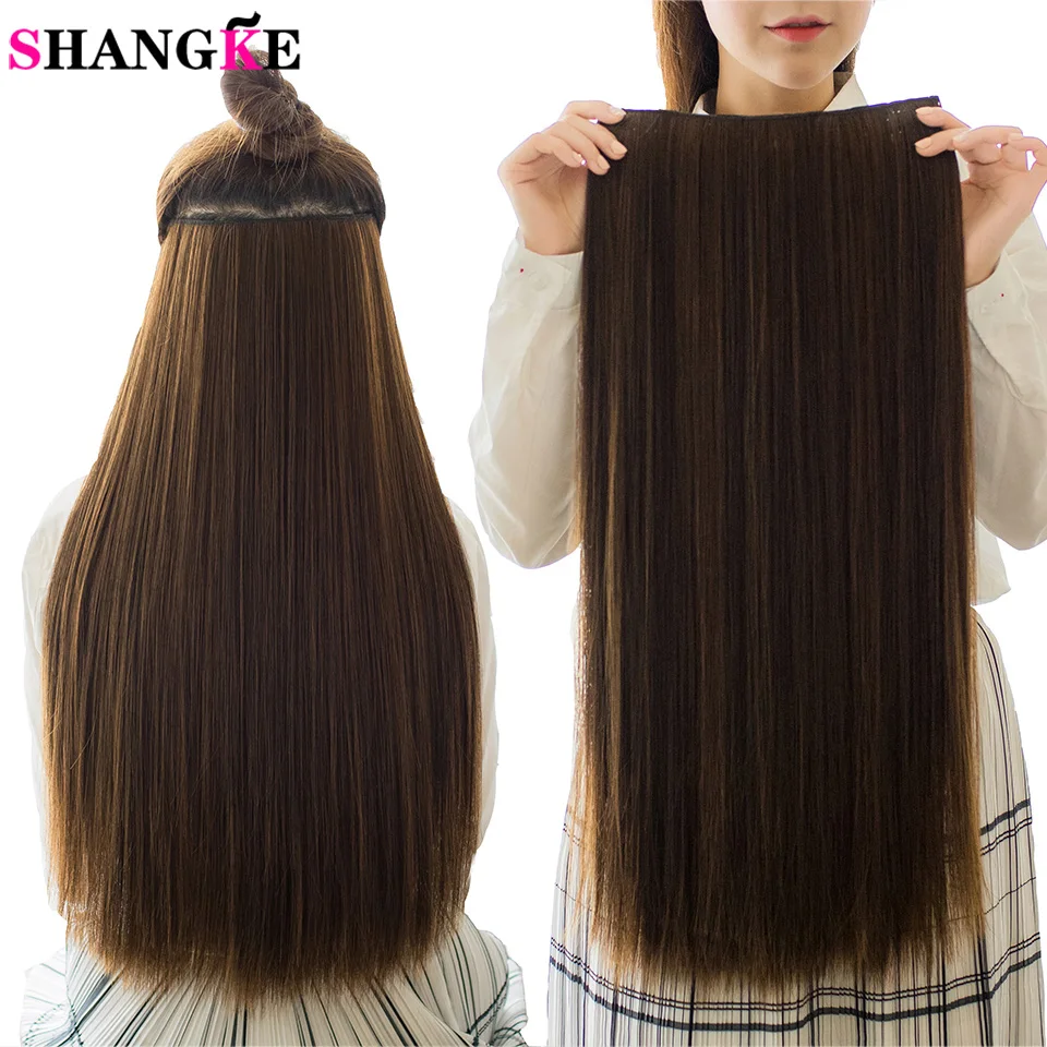 SHANGKE Hair 24'' Long Straight Women Clip in Hair Extensions Black Brown High Tempreture Synthetic Hair Piece