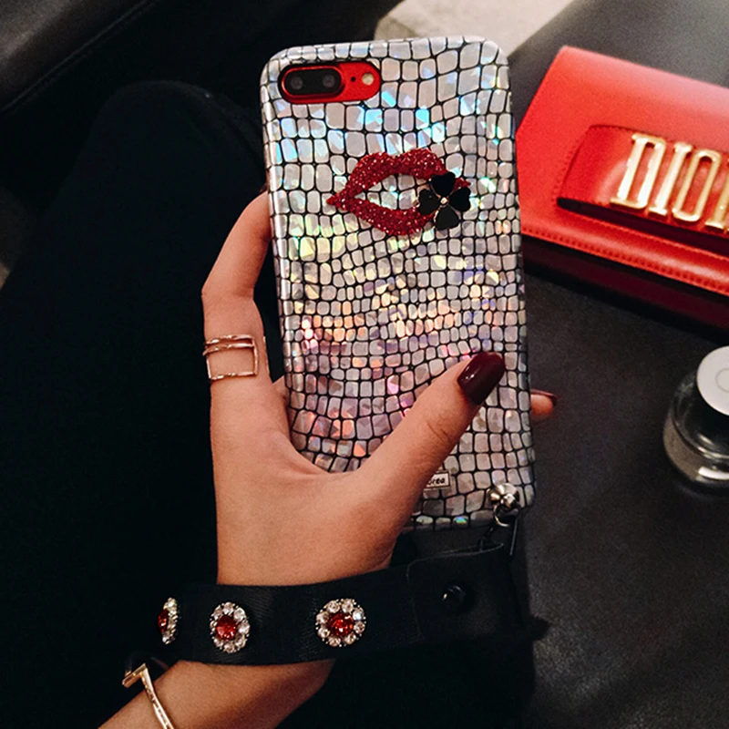 Aoweziic Laser XS XR MAX mobile phone shell luxury For iphone X leather lip hanging 6S 7 8Plus Chao brand air water drill girl