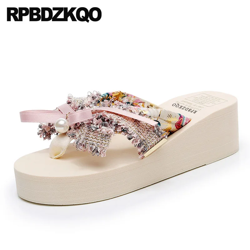 

sandals wedge low open toe ladies slipper big size bow summer platform shoes 5 slides pearl women flatforms fashion plus pink