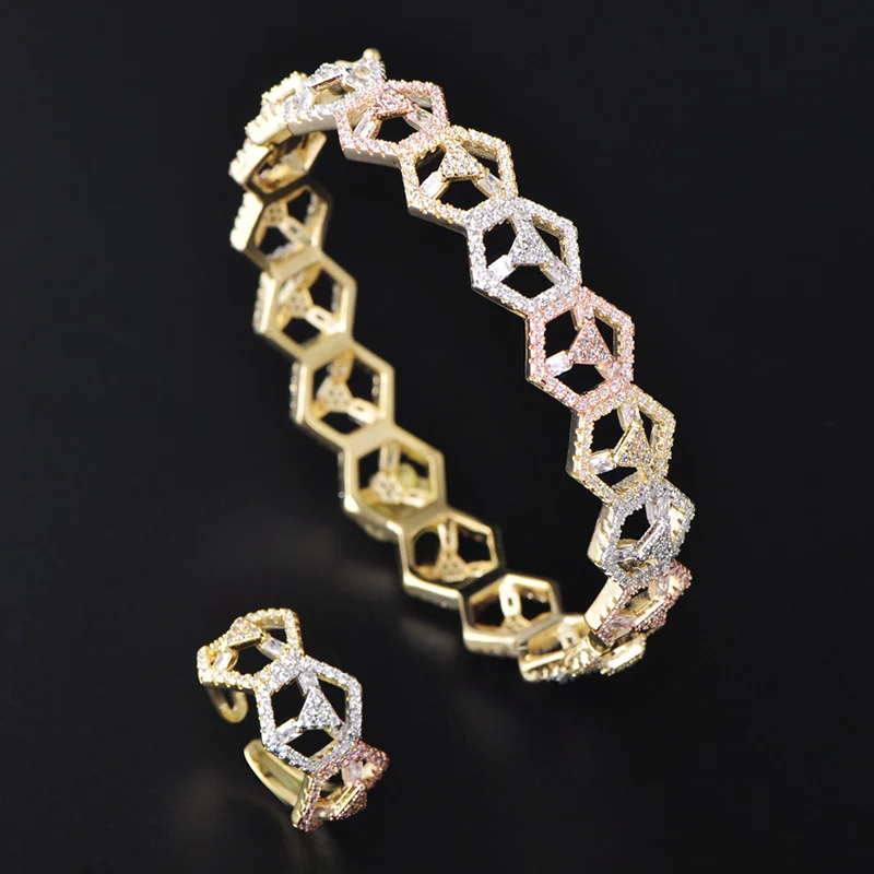 

Dazz Luxury Geometric Pattern Jewelry Set Fine Hollow Out Zircon Copper Ring Bangle Women Bride Banquet Wedding Accessories Gift