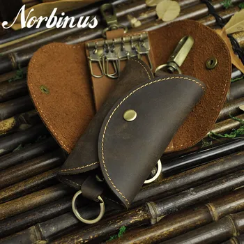 

Norbinus Men's Genuine Crazy Horse Leather Car Key Bag Key Loops Pouch Unisex Housekeeper Key Wallet Chain Rings Holder Case