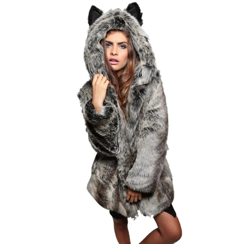 

Winter Solid Thick Faux Fur Women Warm Hooded Coats Rabbit Ears Cute Tops Long Sleeve Outwear Kawaii Overcoat