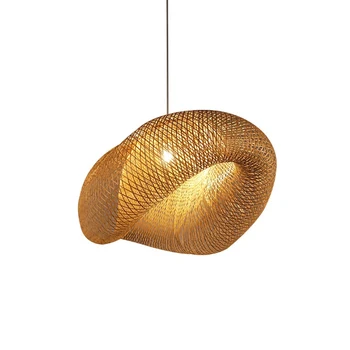 

Handmade Bamboo Lamp Wicker Rattan Wave Shade Pendant Light Vintage Japanese Lamp Suspension Home Indoor Dining Table Room