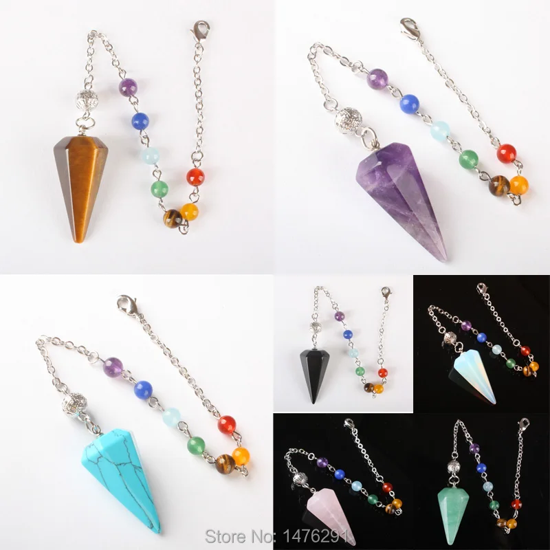 

35X17MM Stone Aventurine Opal Onyx Tiger Eye Quartz Cone Chain Dowsing Healing Chakra Pendulum With Chain 1PCS