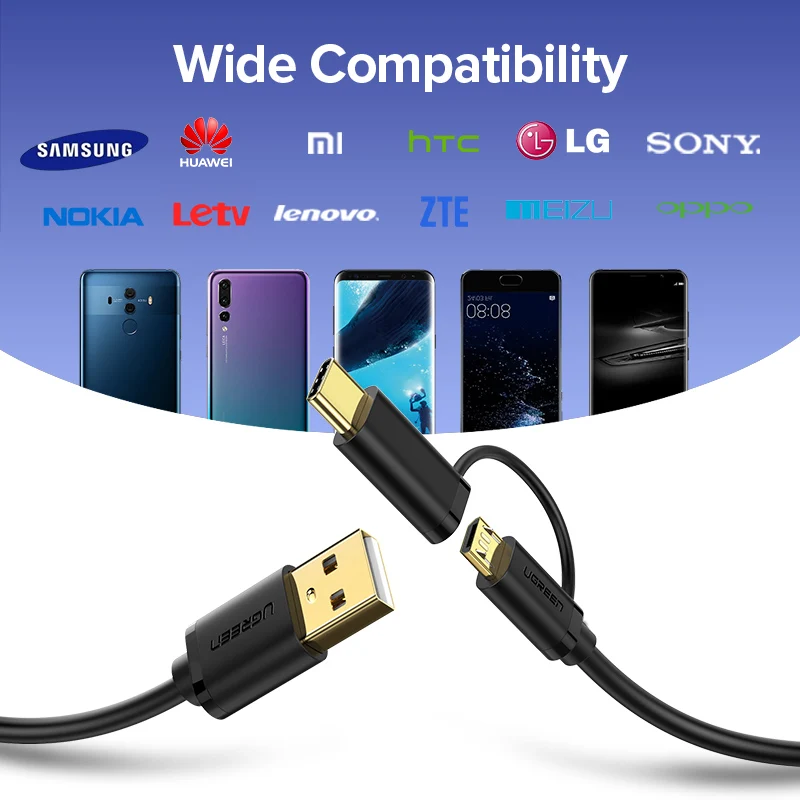 Ugreen USB Type C Cable for Samsung Galaxy S10 S9 Plus 2 in 1 Fast Charging Micro USB Cable for Xiaomi Tablet Android USB Cable Ugreen USB Type C Cable for Samsung Galaxy S10 S9 Plus 2 in 1 Fast Charging Micro USB Cable for Xiaomi Tablet Android USB Cable