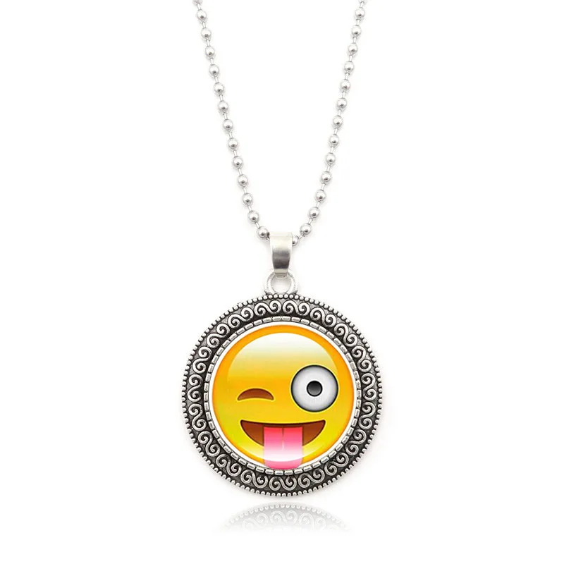 Funny Emoji Pendant Necklace Handcrafted Art Glass Cabochon Fashion