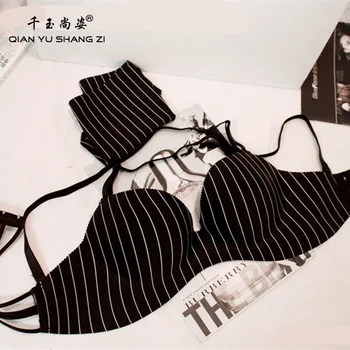 

Summer stripe backless wedding bra sets girls black and white stripe cross sexy seamless adjustable bra sets