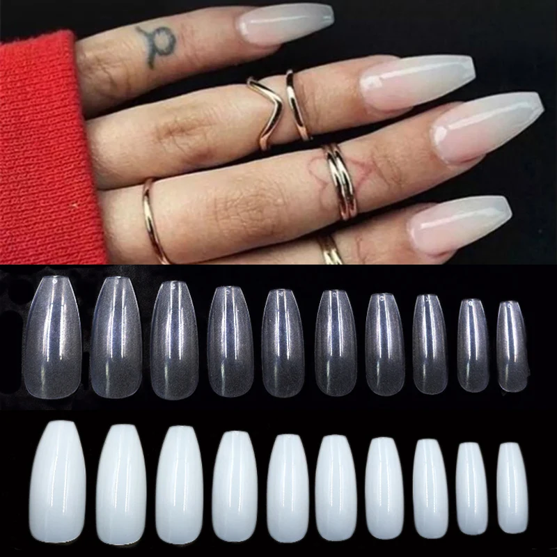 

High Quality 500pcs/Bag Ballerina Fake Nail Art Tips Clear Nature False Coffin Nails Art Tips Flat Shape Full Cover Manicure Set