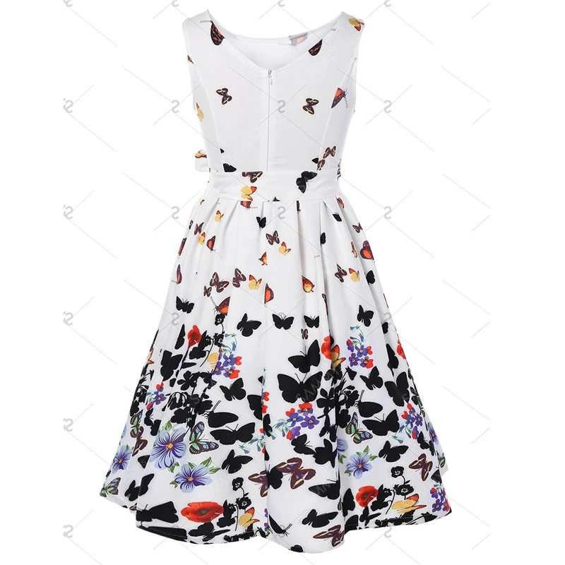 Новые модные женские винтажные платья с цветочным принтом и бабочками, летние платья без рукавов с поясом на молнии, вечерние платья в стиле ретро