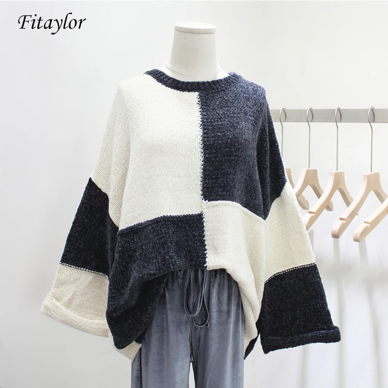 Fitaylor 2019 Women Mink Cashmere Sweater Spring Winter Pullover Flare Sleeve Patchwork Tops Female Warm | Женская одежда