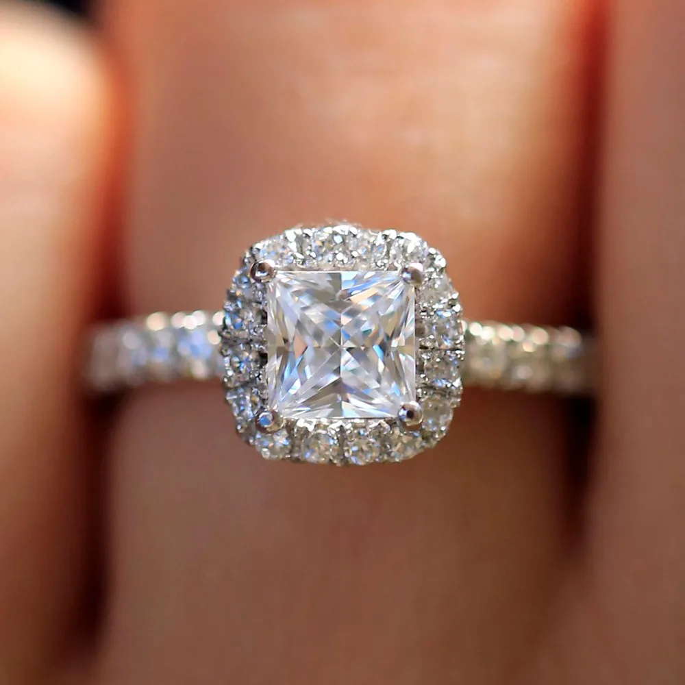 7.0mm 2.0ct Carat Elegant DEF Color Princess Halo Engagement Wedding Moissanite Diamond Ring For Women Real 14k 585 White Gold