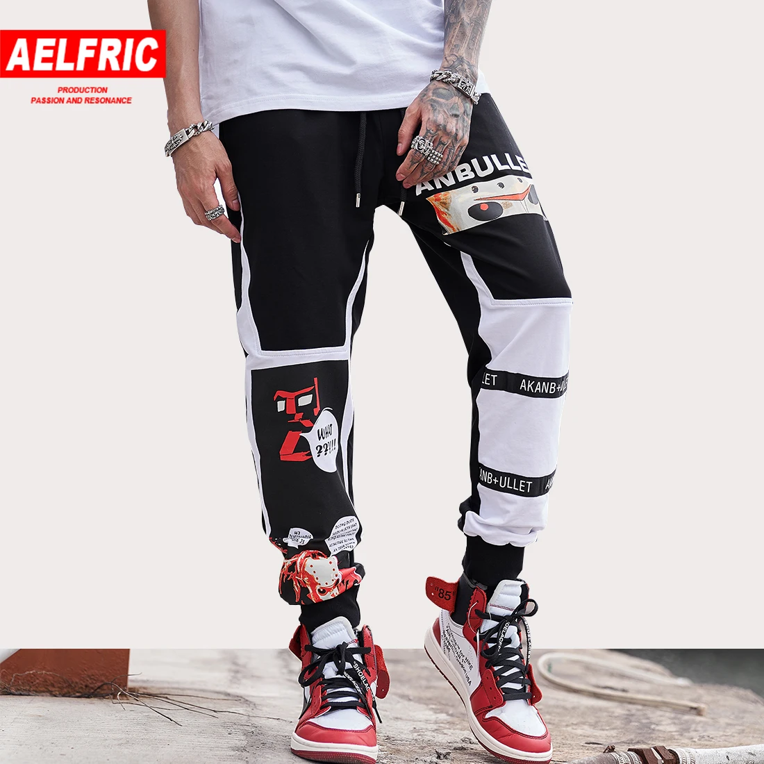 

AELFRIC Harem Joggers Men 2019 Spring Summer Casual Pants Letter Print Cartoon Sweatpants Hip Hop Male Streetwear Track Trousers