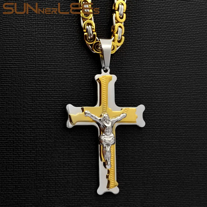 

SUNNERLEES Stainless Steel Jesus Christ Cross Pendant Necklace Byzantine Link Chain Gold Color For Men SP207