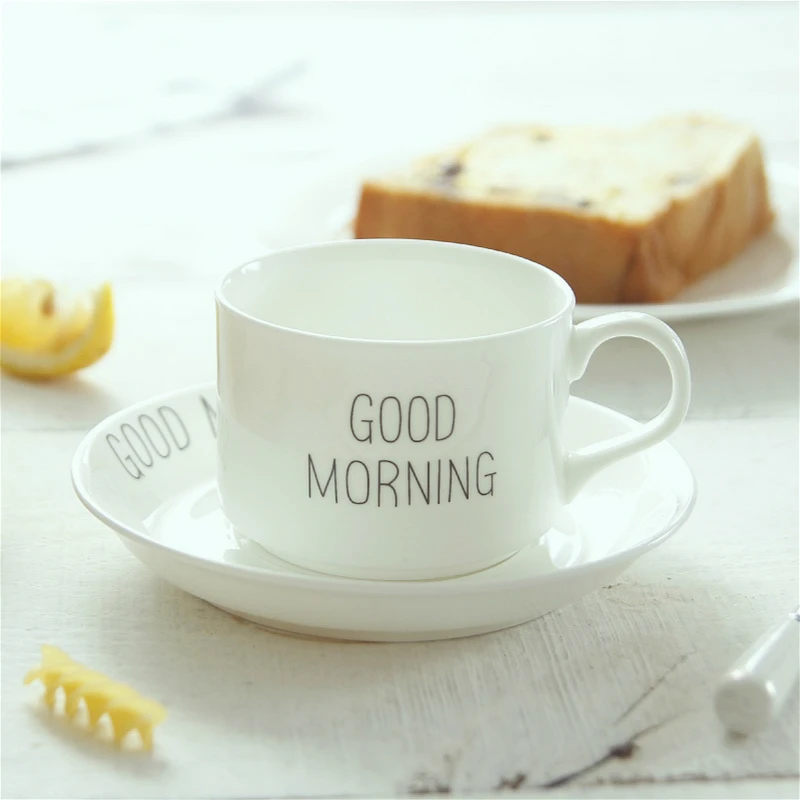 Guten Morgen Kaffee Tasse Teller Klassische Weiss Knochen China Kaffee Tasse Mit Griff Cafe Kaffee Set Keramik Kaffee Tasse Untertasse Set Tassen Untertassen Aliexpress