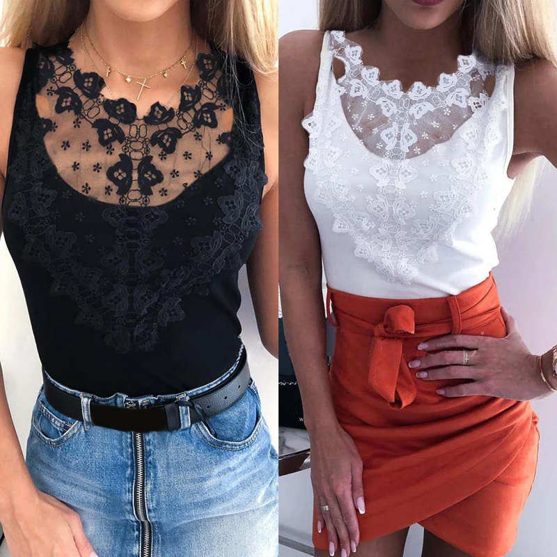 Black White Mesh Lace Patchwork Vest Shirt Women Causal Sexy Tops Elegant Ladies Blouse Summer Party Casual Blouse Femme Blusas