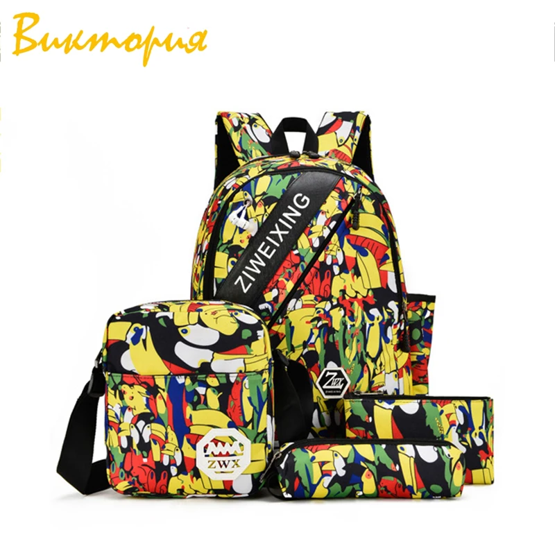 

CHARAS brand Student backpack Bag Four-piece set Shoulder Bags+Clutch Oxford cloth waterproof travel Unisex backpack bag