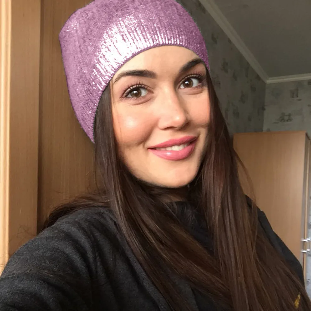 

Women Hat Warm Ear Protection Crochet Winter Knit Glittering Caps Knitted Beanies Cap Thick Female Cap 1030