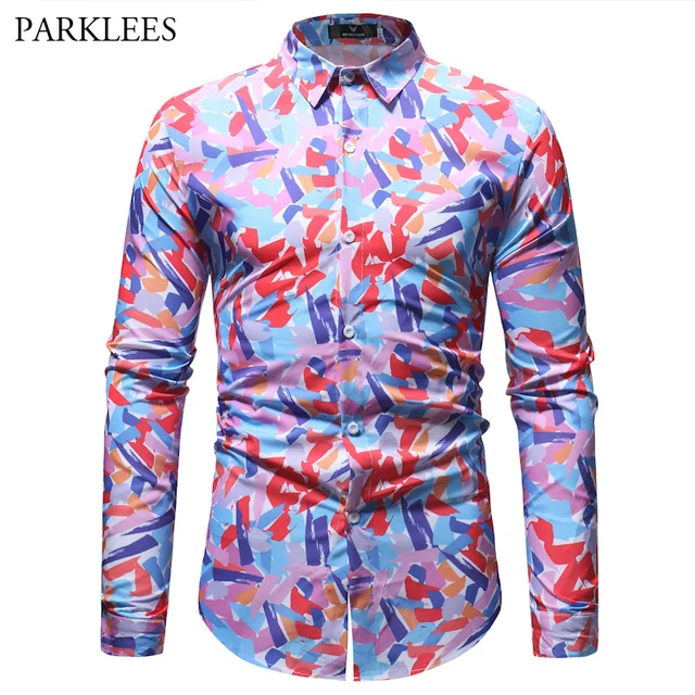 Colorful Print Slim FIt Long Sleeve Shirt Men 2018 Brand New Fashion