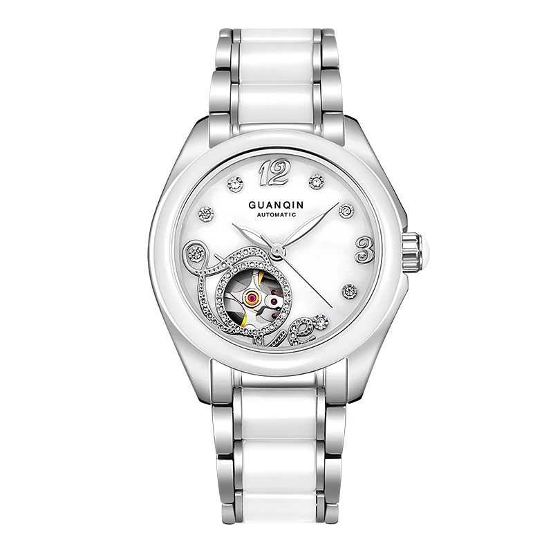 

GUANQIN GJ16038 Top Brand New Watch Women skeleton Mechanical Watches With Ceramic Band And Rhinestone Case relogio feminino