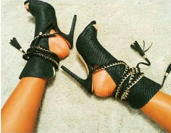 

Dipsloot 2019 Free Shipping Woman Peep Toe Ankle Strap Sandals Ladies Lace-up Chains&Tassel Decorated SlingbacK Shoes Women