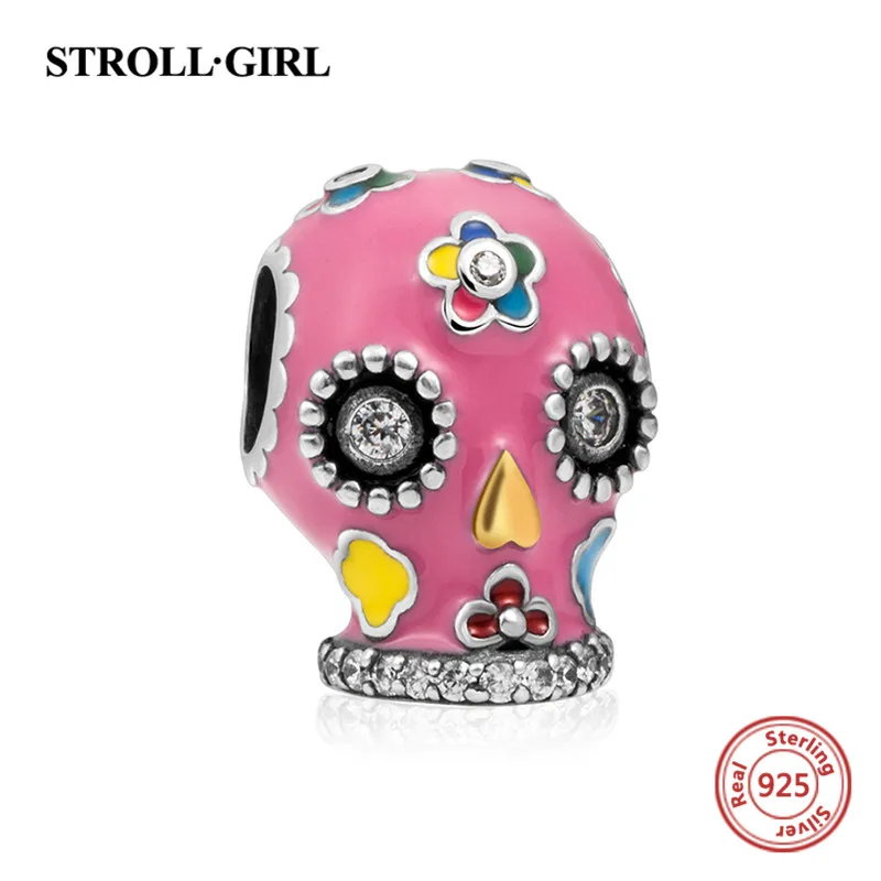 Fit Authentic pandora Charm Bracelet skull head Beads with multicolor enamel silver 925 diy Fashion Jewelry making women Gifts multicolor owl charm bracelet 3pcs