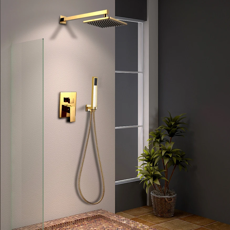 Goedkoop Golden massief messing Badkamer Luxe Vierkante Regen Mixer Douche Set Wandmontage Regendouche Systeem Gepolijst Gouden Afwerking